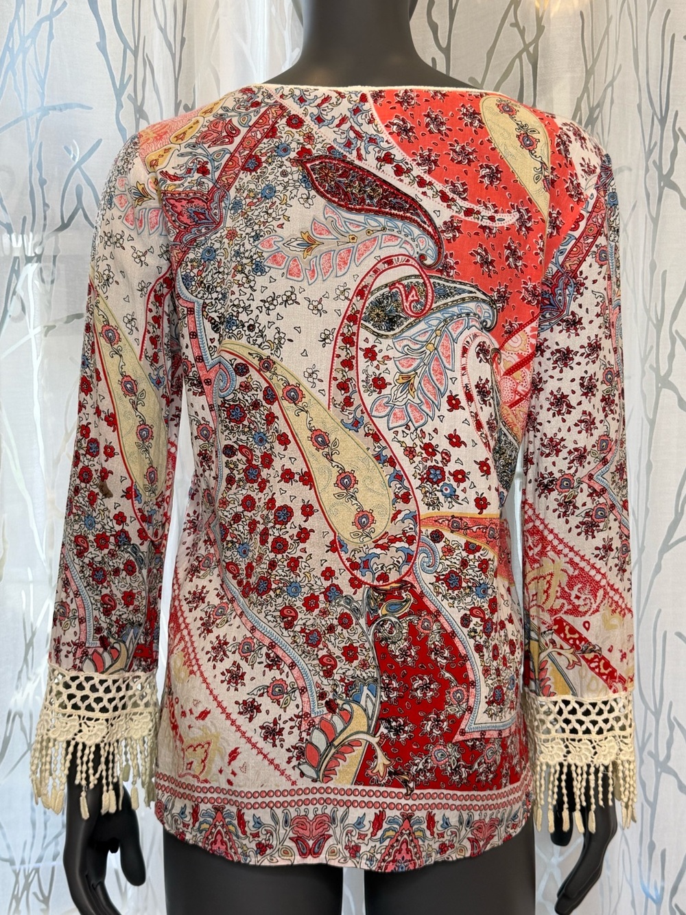 Sundance Terraza Paisley Boho Blouse Crochet Fringe V-Neck Tunic Top Size M - Picture 7 of 12